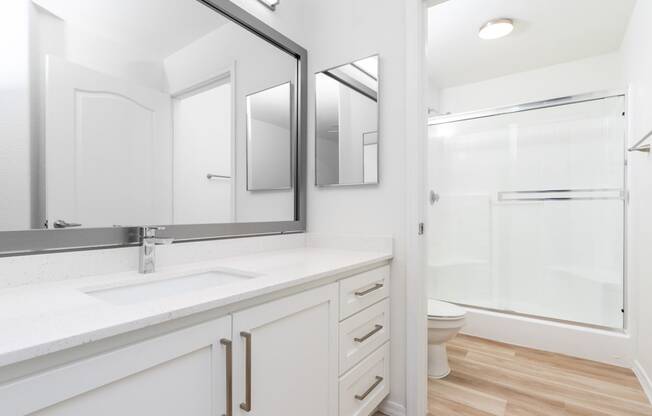 a bathroom with two mirrors and a sink and a toilet