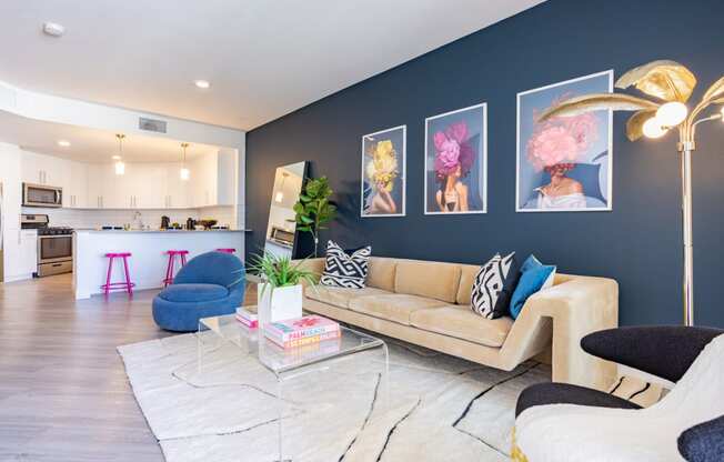 Living area with wood flooring at The Chandler in North Hollywood