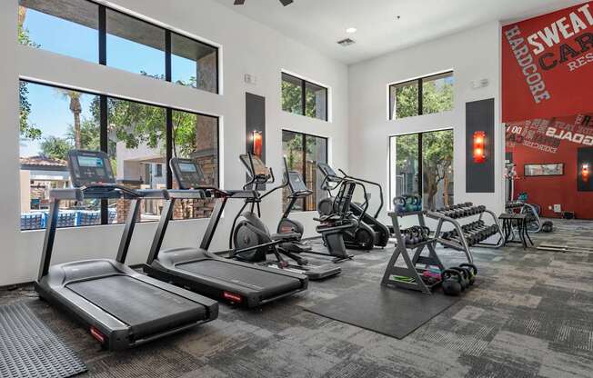 A gym with treadmills, elliptical machines, and other exercise equipment.