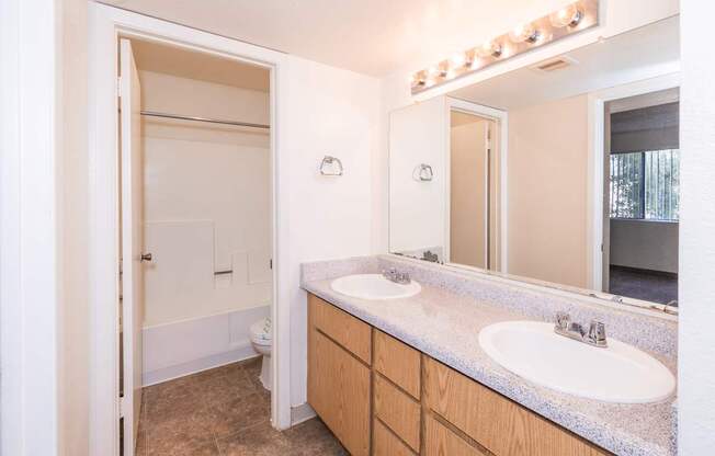 A bathroom with a vanity and a mirror.