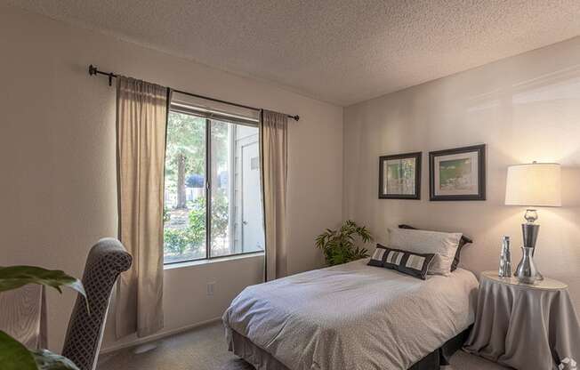 Ashford Park bedroom with large windows and carpeting