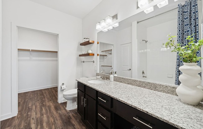 A bathroom with a toilet, sink, and wooden floors.