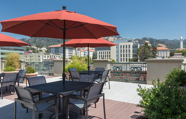 Outdoor seating on our rooftop deck with views of downtown and the Berkeley Hills
