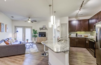 Carillon Apartments in Nashville, TN 37219 photo of an open kitchen and living room with a marble counter top