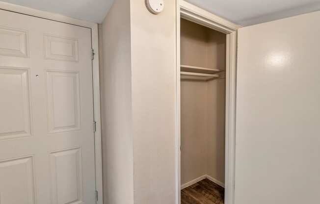 This is a photo of the hallway closet in the 650 square foot 1 bedroom, 1 bath apartment at Preston Park Apartments in Dallas, TX