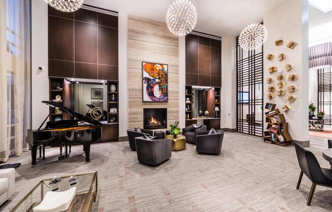 Grand salon with piano and fireplace for refined gatherings.