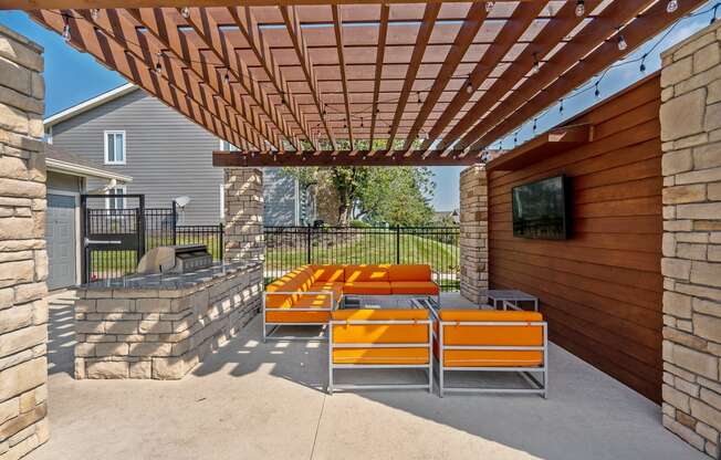 the patio of a home with a pergola and a fire pit