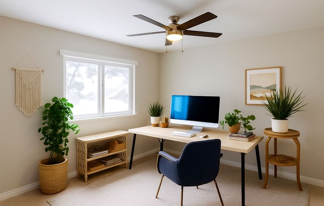 A room with a desk, chair, and a fan.