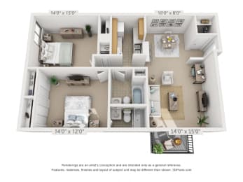 2 beds, 2 baths, 930 sqft, $1,215