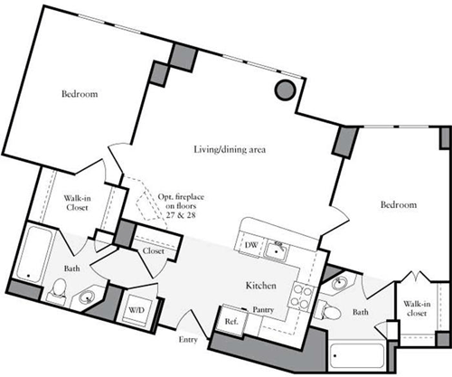 2 beds, 2 baths, 1,053 sqft, $5,555, Unit 27G