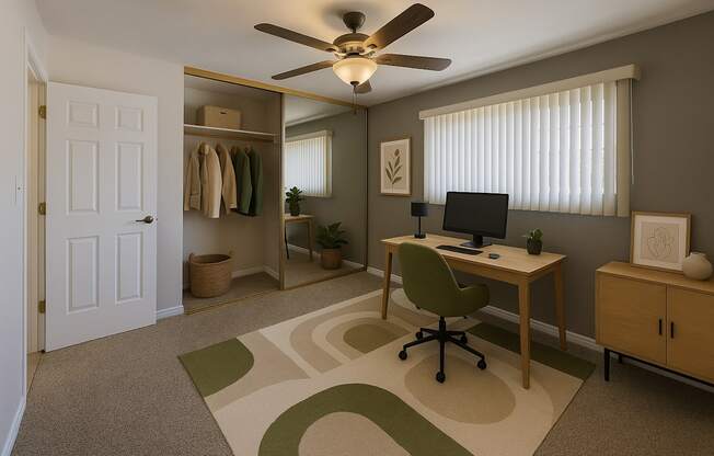 A room with a desk, chair, and a ceiling fan.