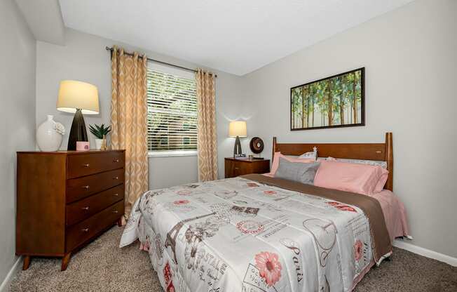 Bedroom with nightstand with lamps at Pembroke Pines Landings, Pembroke Pines, FL, 33025