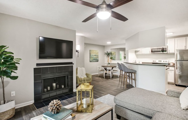 a living room with a fireplace and a tv