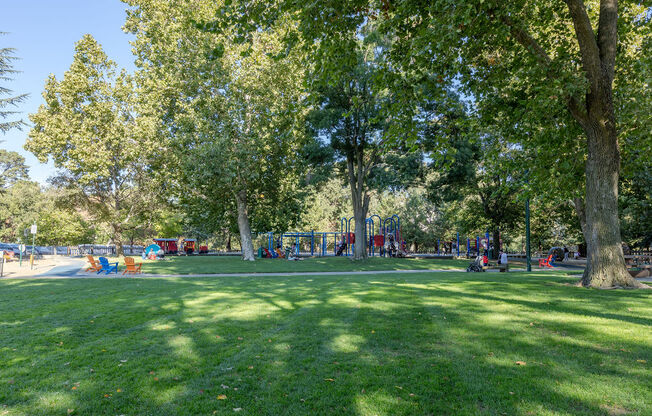 park with green grass and trees and a playground