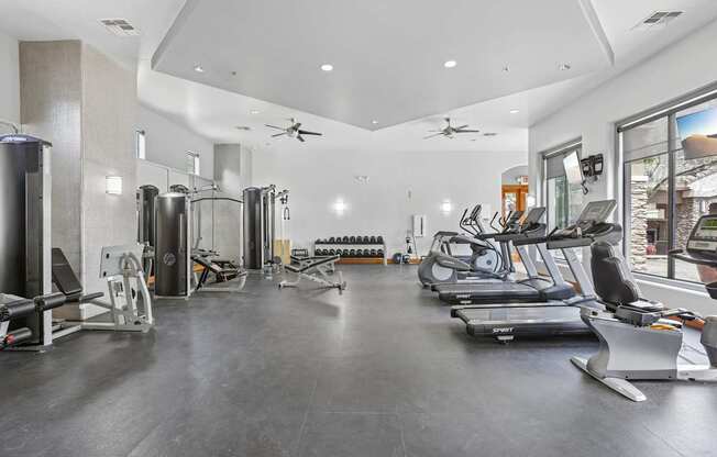 A spacious gym with a variety of equipment including treadmills, weights, and exercise machines.