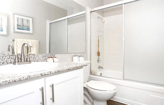 Bathroom with bath/shower, toilet, and sink with mirror.