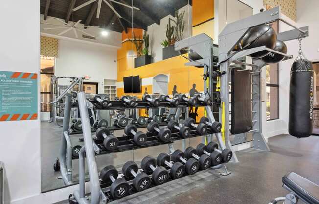 a view of the fitness center with weights on the rack and a punching bag at apartments