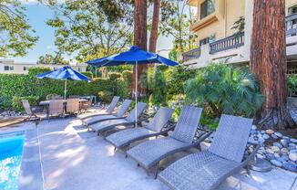 Lounge chairs with blue umbrellas near a swimming pool, surrounded by lush greenery and trees. A dining set is visible in the background, creating a relaxing outdoor atmosphere. The setting is well-lit, showcasing a bright and inviting environment.