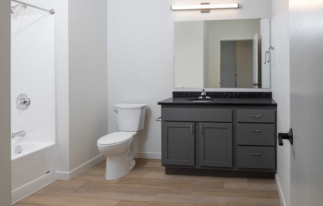 a bathroom with a toilet and a sink and a mirror at Riverhouse Apartments, Fargo, North Dakota 58102