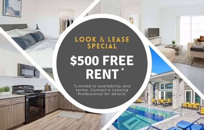 A promotional image for a lease-to-own special offering $500 free rent.