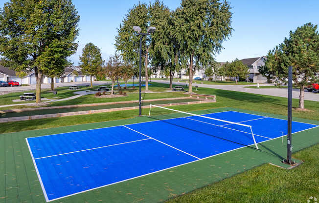 A blue tennis court surrounded by trees and grass.