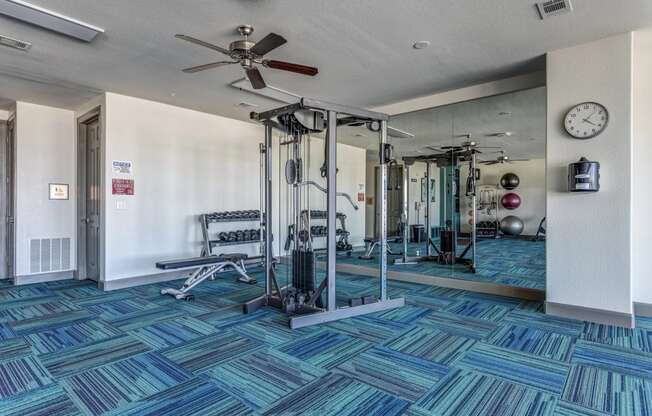 a fitness center with weights machines and mirrors