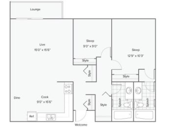 2 beds, 2 baths, 950 sqft, $1,505