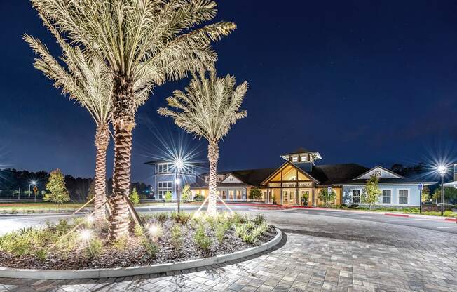 a street with palm trees in front of a building at night