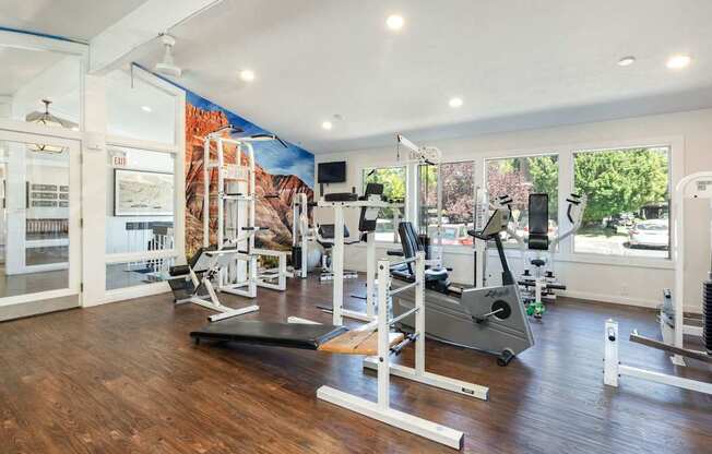 a home gym with exercise equipment and a mural on the wall