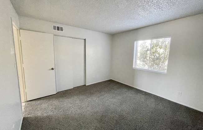 A room with a carpeted floor, a window with a view of trees, and a door.