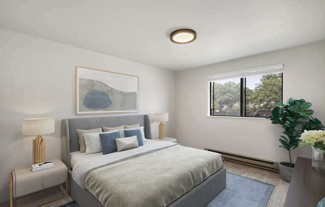 a bedroom with a large bed and a large window  at Brix, Washington