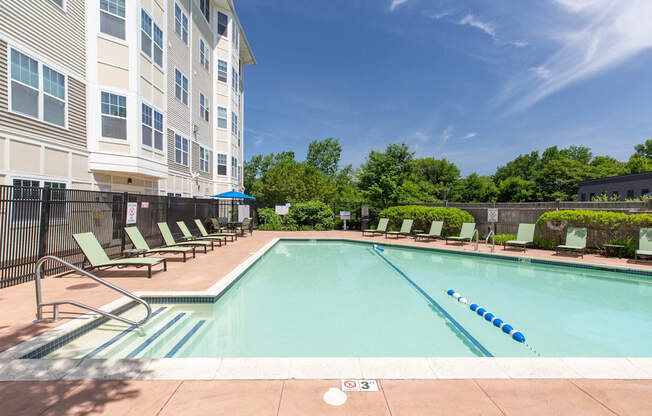 Pool with Lounge Chairs Surrounding | Canton Woods apartments in MA