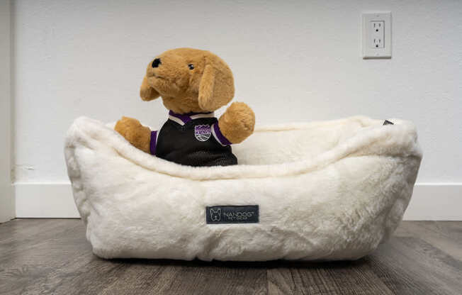 A dog bed with a stuffed dog wearing a purple shirt.