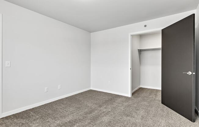 a bedroom with gray carpet and a closet with a black door