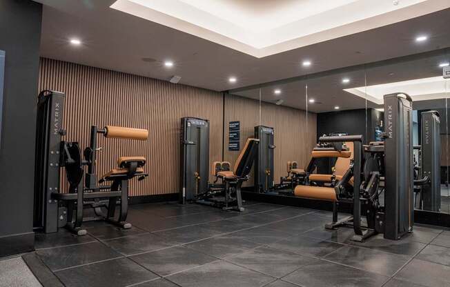 A gym with a variety of equipment including a squat rack, bench press, and a leg press machine.