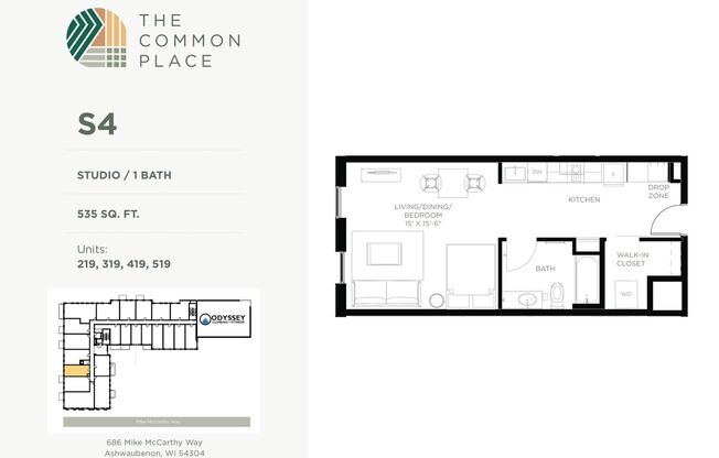 Studio, 1 bath, 530 sqft, $1,375, Unit 219