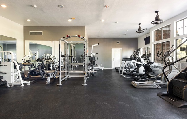 the gym is equipped with a variety of weights and cardio equipment