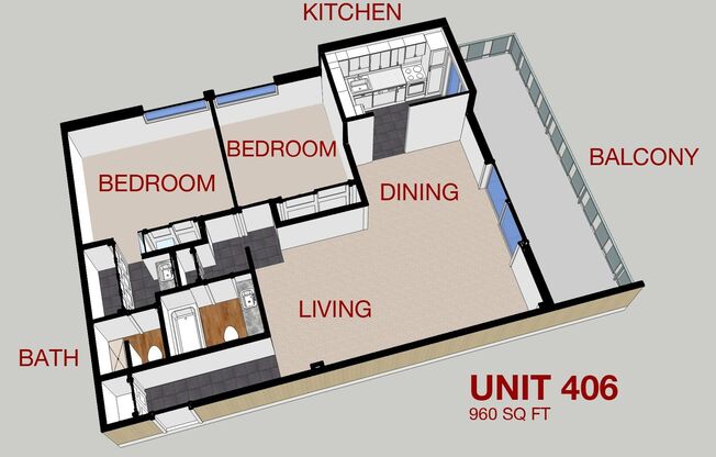 2 beds, 2 baths, 960 sqft, $1,750, Unit 406