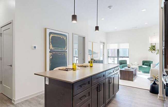 a modern kitchen island with dark cabinetry in front of a living room furnished with midcentury modern decor