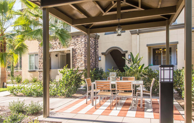 pavilion outdoor seating with lush landscape at Capriana at Chino Hills, Chino Hills, California