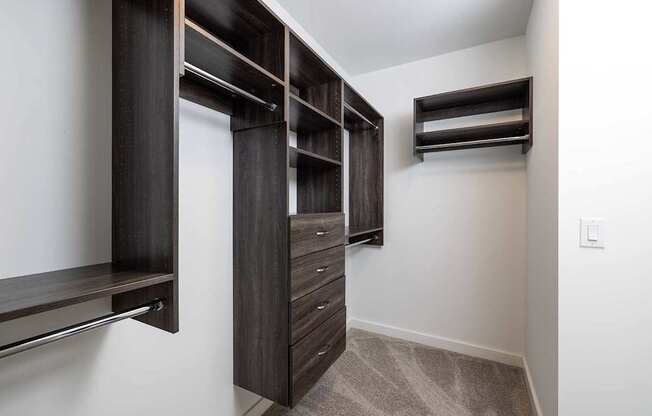 A walk-in closet with drawers and shelves.