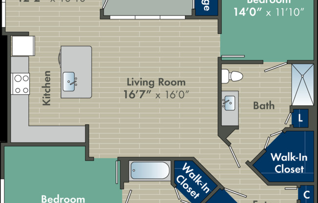 2 beds, 2 baths, 1,167 sqft, $1,902, Unit RES-401