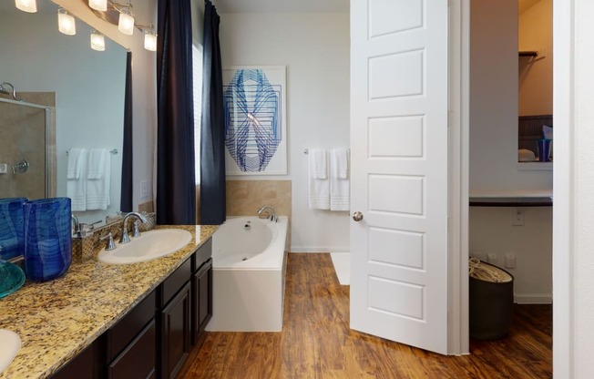 a bathroom with a bathtub and a sink