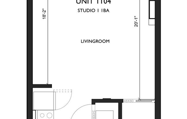 Studio, 1 bath, 375 sqft, $1,299, Unit 1-104