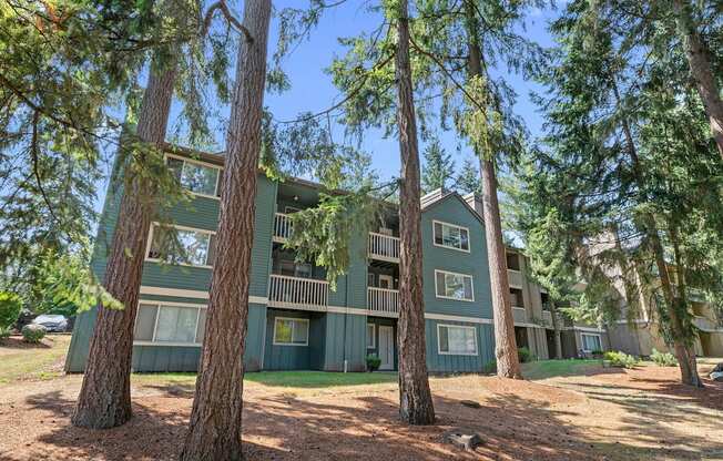 A green apartment building surrounded by trees.