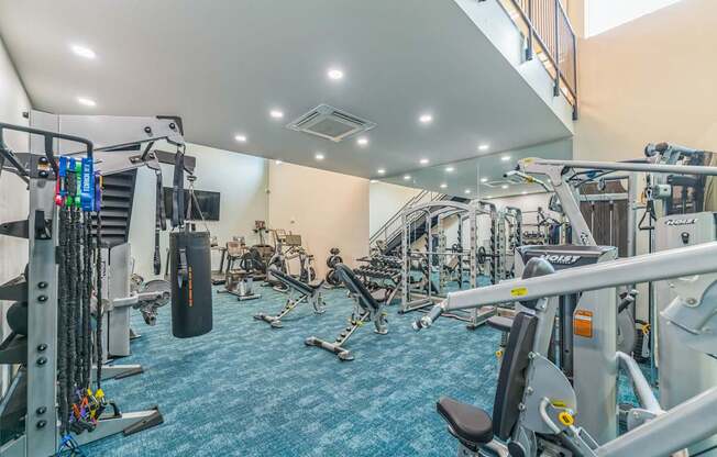A gym with a variety of equipment including treadmills, weights, and exercise machines.