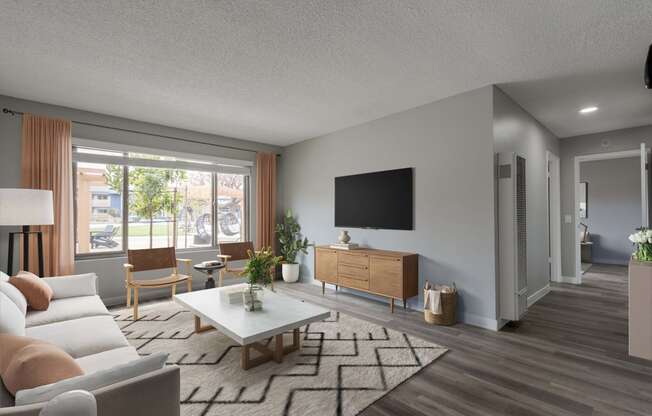 a living room with a couch and a coffee table