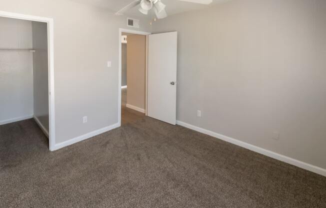 a carpeted bedroom with a ceiling fan and a large, deep closet