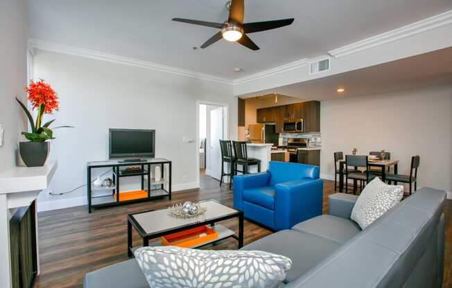 Living room and kitchen at Midvale Apartments, Los Angeles