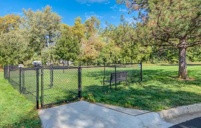 A black fence surrounds a park bench in the middle of a grassy area.